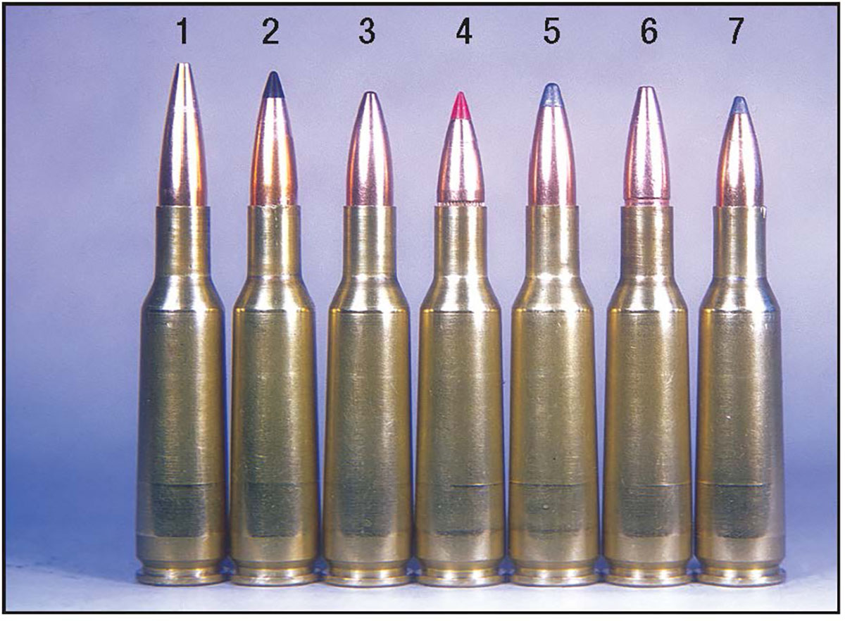 Heavier-weight bullets included the (1) Berger 88-grain LD, (2) Swift 90 Scirocco II, (3) Sierra 90 FMJ-BT, (4) Hornady 95 SST, (5) Nosler 95 Partition, (6) Barnes 95 XFB and (7) Sierra 100-grain SP.